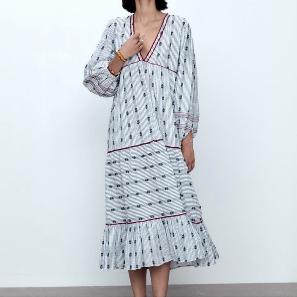 Zara Striped Tiered Ruffle V Neck Long Dress